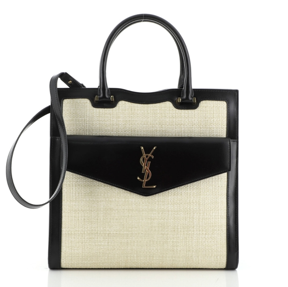 Very Rare! YSL Saint Laurent Uptown 2 in 1 Tote Canvas w/ Leather RAFFIA SATCHEL - Picture 2 of 16